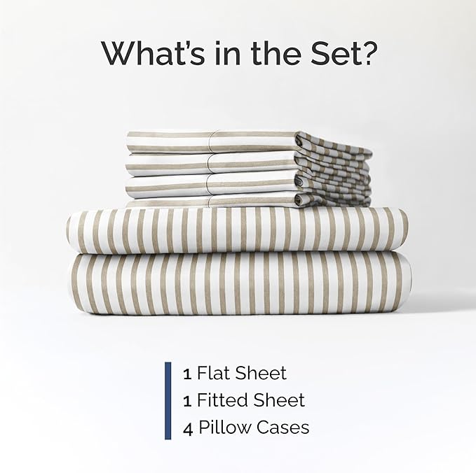 Cal King 6 Piece Sheet Set - Cooling & Breathable - Hotel Luxury Bedding, Includes Fitted Sheet for Women, Men, Kids & Teens - 1 Flat, 1 Fitted Sheet, 4 Pillowcases w/Deep Pockets - Beige Stripes