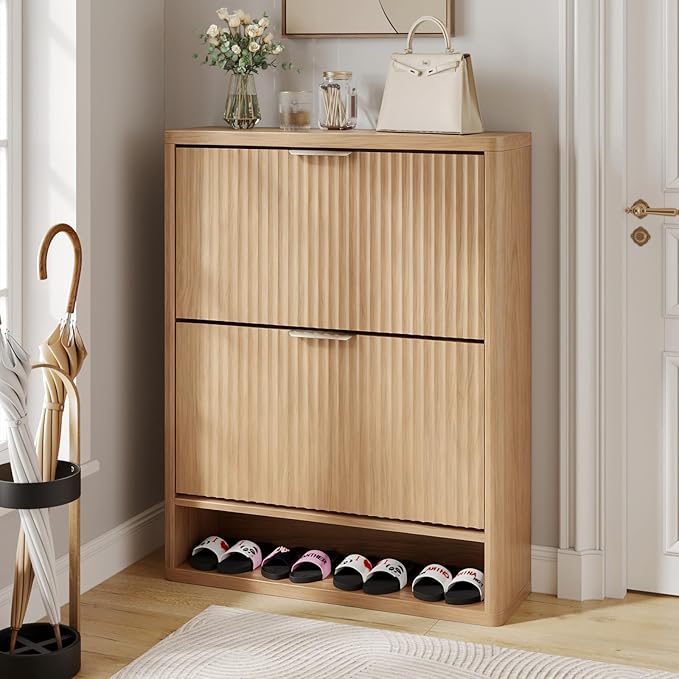 Fluted Shoe Cabinet Storage with 2 Flip Drawers, Narrow Shoe Storage Organizer for Entryway, Hidden Slim Wooden Shoe Rack Cabinet for Front Door Entrance, Hallway, Living Room (2-Drawer, Oak)