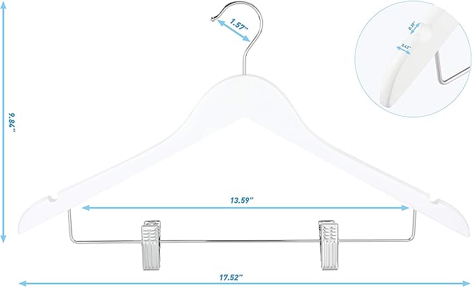 TOPIA HANGER Wooden Suit Hangers with Adjustable Metal Clips (10 Pack), Solid Smooth Wood Clothes Hangers, 360° Swivel Hook, Premium Pants Hangers for Clothes Coat, Jeans, Blouse-White,CT28W