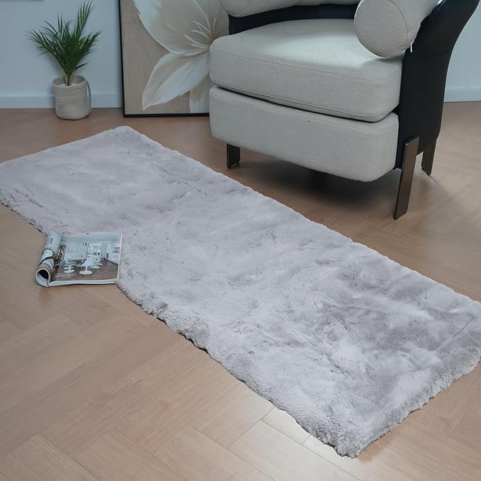 Latepis Fluffy Shag 2x6 Rug Grey Fuzzy Throw Area Rug Washable Gray Faux Rabbit Fur Plush Soft Rugs for Bedroom Accent Rugs for Kids Room Nursery Cute Room Decor