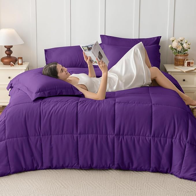 JOLLYVOGUE Queen Comforter Set, Ultra-Soft Bed in a Bag Queen Size 7 Pieces, Oeko-TEX Certified Bedding Set with Down Alternative Comforter, Sheets, Pillowcases & Shams, Purple