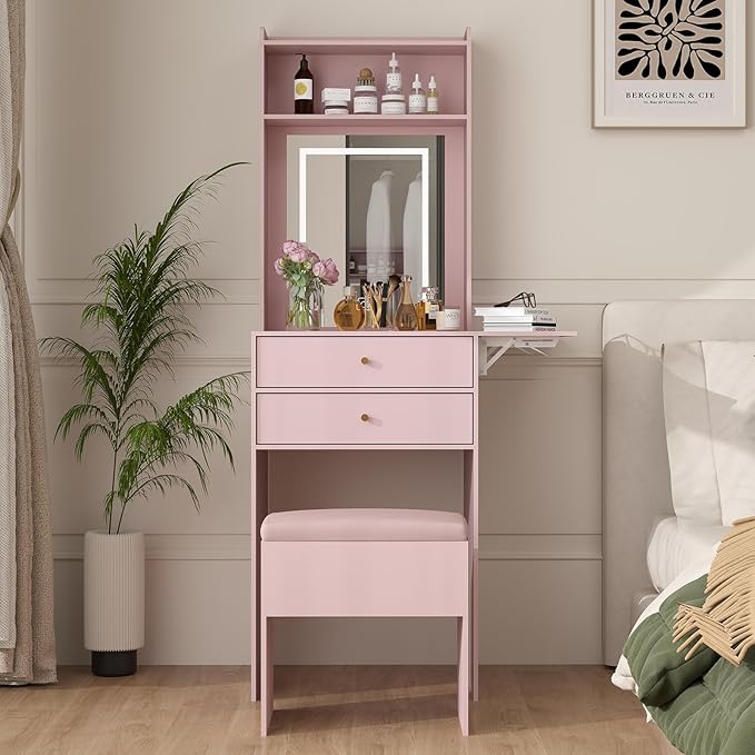 ARTETHYS Small Vanity Desk Set with 3 Adjustable Lighted Mirrors and Lights, Pink Makeup Vanities Set for Compact Space with Storage Stool White Dressing Table with Fold-up Panel for Bedroom