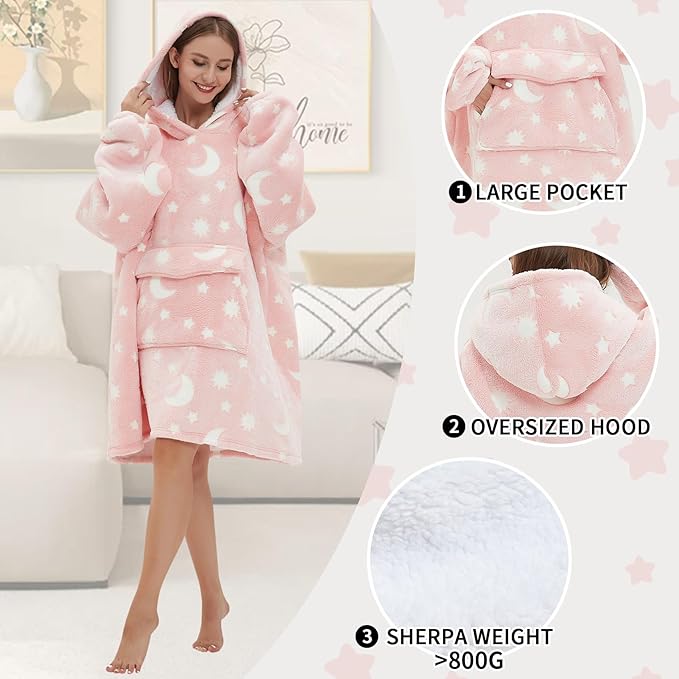 Glow in The Dark Wearable Blanket Hoodie for Adult,Oversized Sherpa Fleece Blanket Hoodie for Women Men,Luminous Moon and Stars