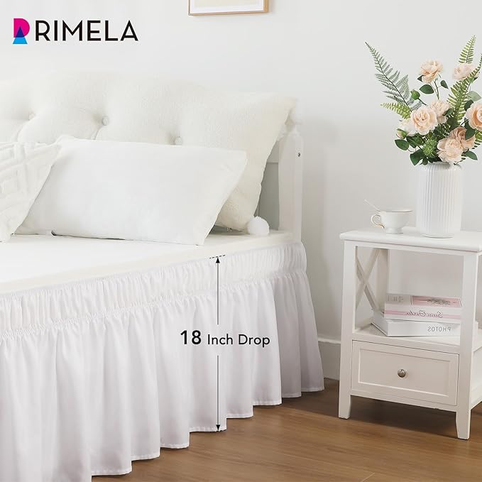 RIMELA White Bed Skirt Full Size 18 Inch Drop, Elastic Bed Skirting for Bed Base and Frame, Bedding Dust Ruffle Easy to Install, Lightweight Wrap Around Adjustable Bedskirt