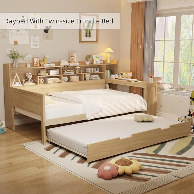 Merax Twin Size Corner Bed Frames with Desk and Trundle & Storage Shelves Headboard, Pinewood U-Shaped Captain Daybed for Small Room, Bedroom, Guest Room, Kids' Room, Natural