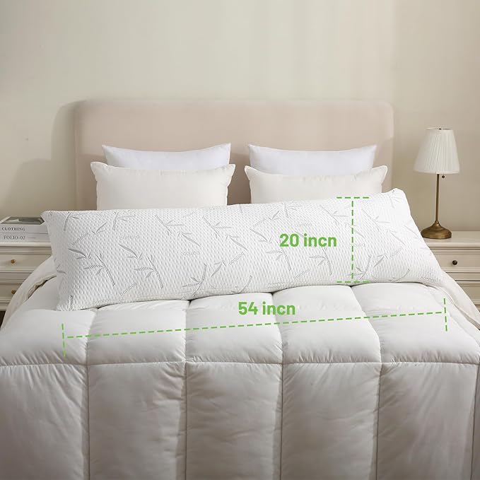 Full Body Pillow with Removable Pillowcase for Adults,（Memory Foam Filling）（Long Pillow for Side Sleepers） （Fluffy and Firm）（Adjustable Filling）（20×54 Inch，White）