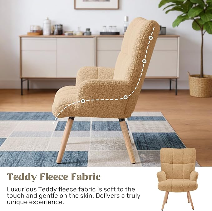 Joysoul Modern Accent Chair, High Back Arm Chair with Wood Legs Sofa Seat Teddy Fleece Fabric Reading Chair for Living Room Bedroom Waiting Room (Brown)