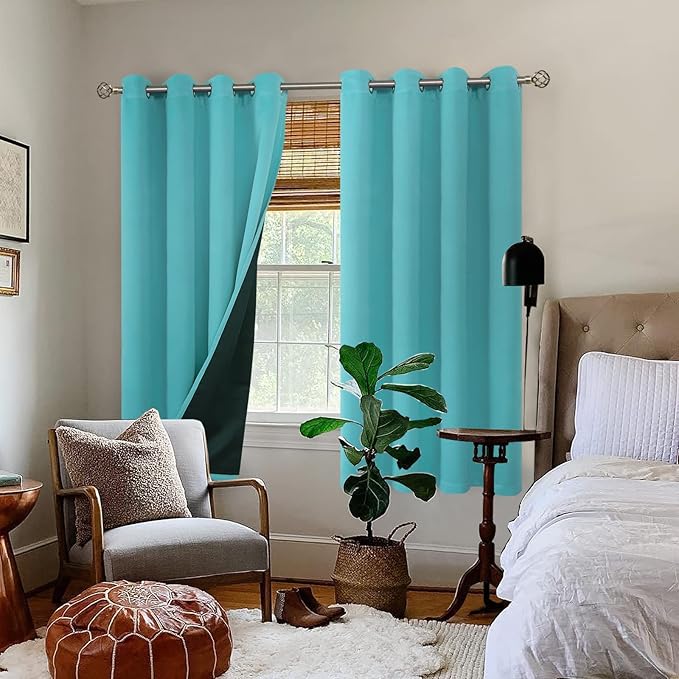 BGment Thermal Insulated 100% Blackout Curtains for Bedroom with Black Liner, Double Layer Full Room Darkening Noise Reducing Grommet Curtain (52 x 63 Inch, Aqua, 2 Panels)