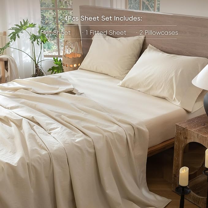 MooMee Bedding Sheet Set 100% Washed Cotton Linen Like Textured Breathable Durable Soft Comfy (Heathered Almond Milk Grey, Full)