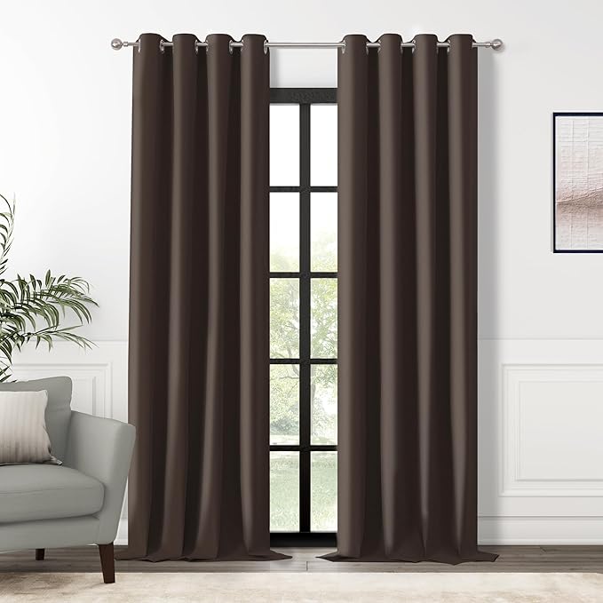 ChrisDowa 100% Blackout Brown Solid Curtains 120 Inches Long 2 Panels for Bedroom Living Room,Farmhouse Room Darkening Thermal Insulated Soundproof Grommet Top Window Treatment Drapes,52x120