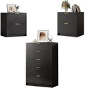 3-Piece Dresser Bedroom Set, 5 Drawer Dresser & 2 Drawer Nightstands with Gold Handles, Fluted Wood Chest of Drawers for Bedroom, Living Room, Entryway, Black