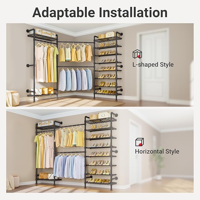 Timate S3 Wall Mounted Clothes Rack for Hanging Clothes Adjustable Width from 6'2" to 7'2", Expandable Freestanding Heavy Duty Hanging Garment Rack with 8-Tier Shoe Rack, Max Load 1050LBS, Black