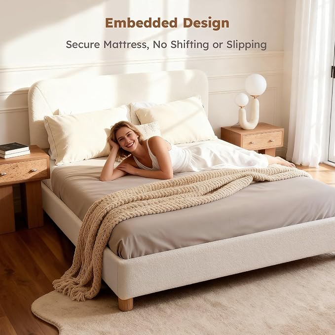 Queen Size Cloud Bed Frame, Soft Boucle Bed Frame with Adjustable Headboard, Solid Wood Legs, Rounded Corners Design & Easy Assembly – Modern Platform Bed,Cream