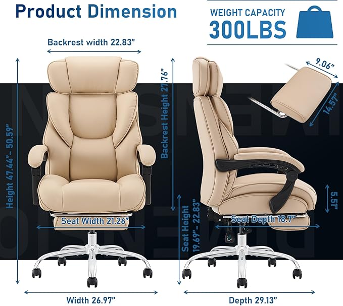 COLAMY Office Chair with Retractable Footrest, Ergonomic High Back Design Executive Computer Desk Chair with Removable Lumbar Pillow, 90-135°Reclining, Thick Bonded Leather for Home Office Work, Khaki