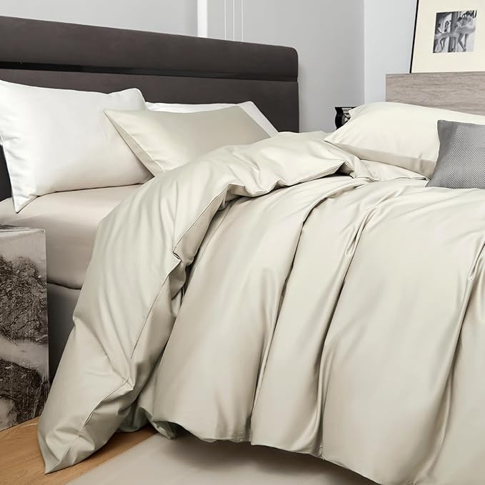 PURE ERA Duvet Cover Set 800 Thread Count Long Staple Cotton Sateen Silky Soft Luxurious Smooth 3 Piece Set Beige Queen