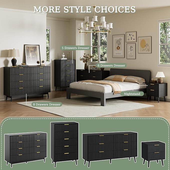 LYNSOM Fluted Dresser and Nightstand Sets 3 Piece, 6-Drawers Dresser and 1-Drawer Nightstands Set of 2, Wood Bedroom Furniture Set for Home, Bedroom, Hallway, Black