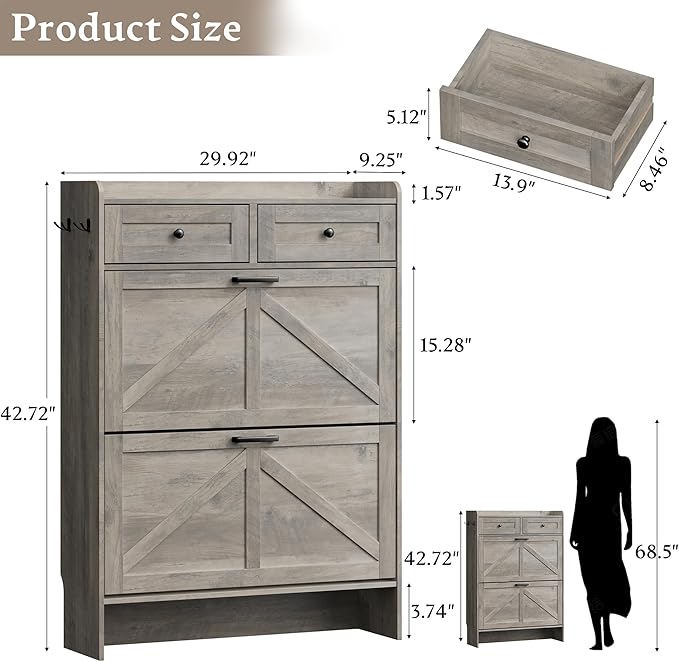Shoe Storage Cabinet for Entryway, Farmhouse Narrow Shoe Cabinet with 2 Flip Drawers & Top Drawers, Adjustable Shelves & Hooks, Freestanding Hidden Rack Organizer for Hallway, Foyer