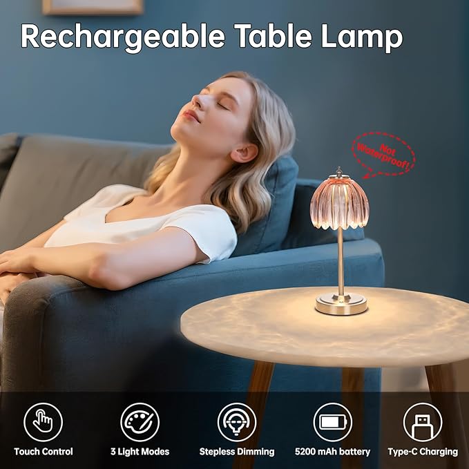 Tulip Table Lamp with 5200mAh Battery & Touch Control, Cordless Small Table Lamp with 3 Colors, Dimmable Rechargeable Table Lamps for Living Room, Bedroom, Desk, Bedside (Clear Pink Tulip)
