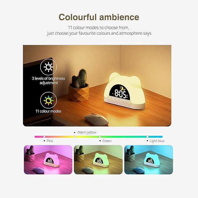 LED Alarm Clock, Little Bear Alarm Clock, Sleep Training Clock for Toddlers with 11 Colors Night Light for Bedroom, Sound Machine, Birthday Gift for Boys Girls