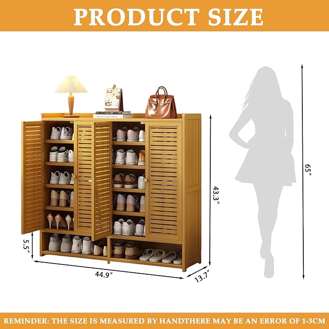 Bamboo Shoe Cabinet, 36-40 Pairs 7 Tier Shoe Rack with Doors, Freestangding Shoe Cabinet Organizer with Shelves, 43" Tall Shoe Rack Organizer for Entryway, Closet, Hallway