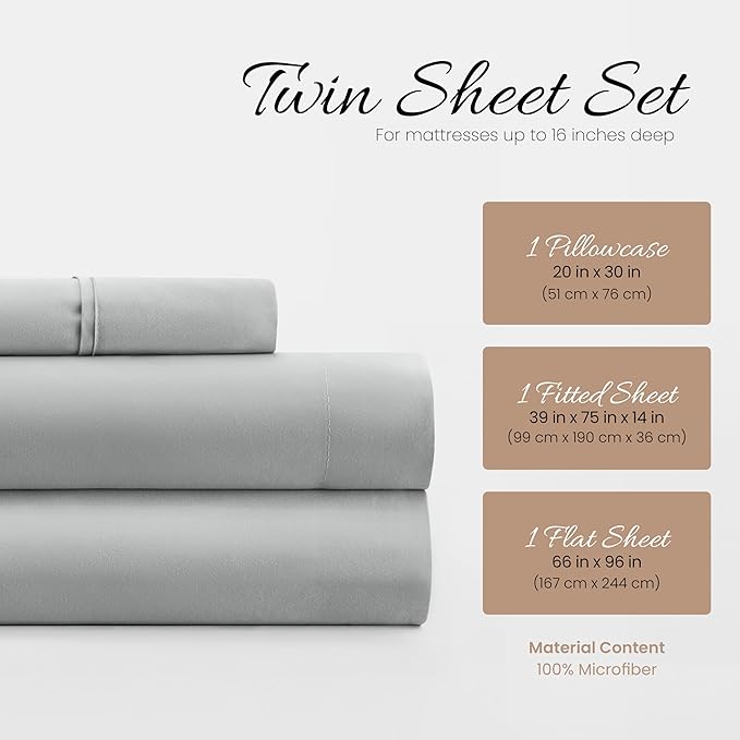 Linen Market Brushed Microfiber Twin XL Sheet Set 3 Piece – Oeko-TEX Certified Ultra Soft & Wrinkle-Free - 16" Deep Pocket Sheets - Easy Care Twin XL Size - Light Gray