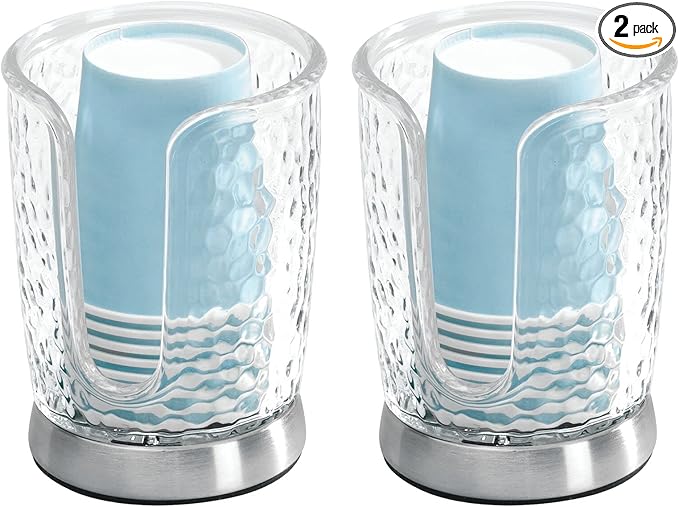 mDesign Plastic/Steel Compact Small Disposable Paper Cup Dispenser Storage Holder for Rinsing Cups on Bathroom Vanity Countertops - Rain Collection - 2 Pack - Clear/Brushed Chrome