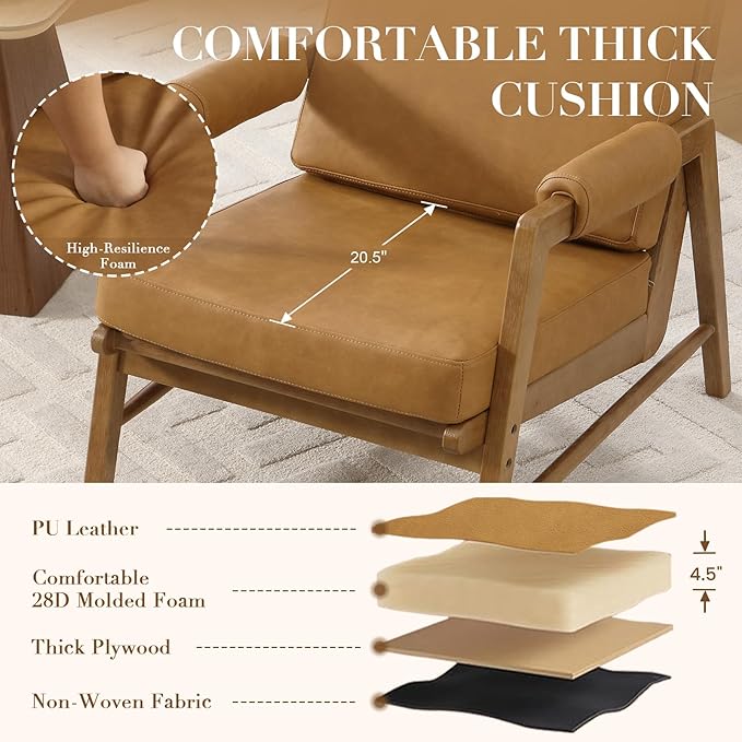 HEAH-YO Modern Accent Chair, Upholstered PU Leather Living Room Chair with Wooden Frame, Comfy Armchair with Thick Cushion for Bedroom Balcony, Brown