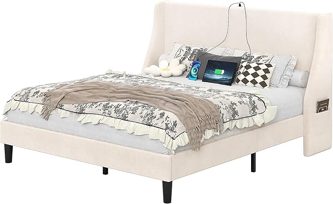 VECELO Queen Bed Frame with Upholstered Wingback Headboard, Heavy-Duty Platform Bedframe with Charging Station, Wooden Slats, No Box Spring Needed, Beige