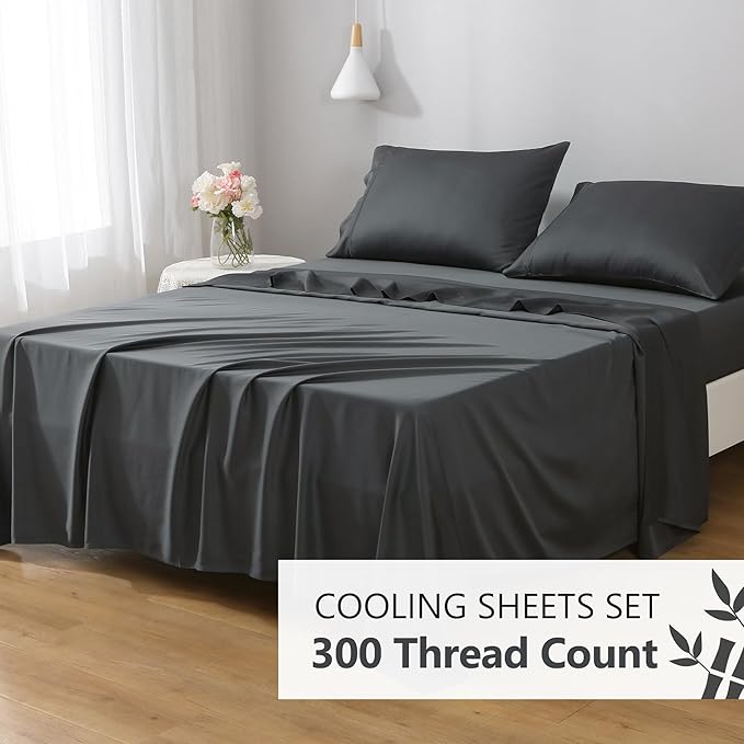 Linen World Cooling Bed Sheets Set Queen Size,100% Organically Grown Viscose Sheets,Deep Pocket Up to 16",4 Pieces Silky Soft,Breathable Bedding Sheets & Pillowcases(Shadow Grey,Queen)