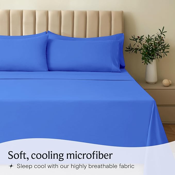 LuxClub 4 PC Sheet Set Bed Sheets Deep Pockets 16" Eco Friendly Wrinkle Free Cooling Machine Washable Hotel Bedding Silky Soft - Marine Blue California King