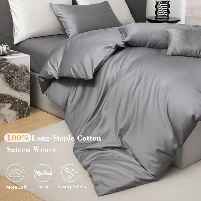 PURE ERA Duvet Cover Set 800 Thread Count Long Staple Cotton Sateen Silky Soft Luxurious Smooth 3 Piece Set Solid Deep Grey Queen