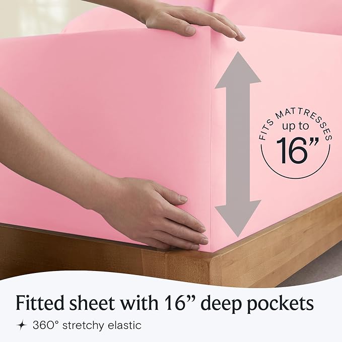 LuxClub 4 PC Sheet Set Bed Sheets Deep Pockets 16" Eco Friendly Wrinkle Free Cooling Machine Washable Hotel Bedding Silky Soft - Baby Pink King