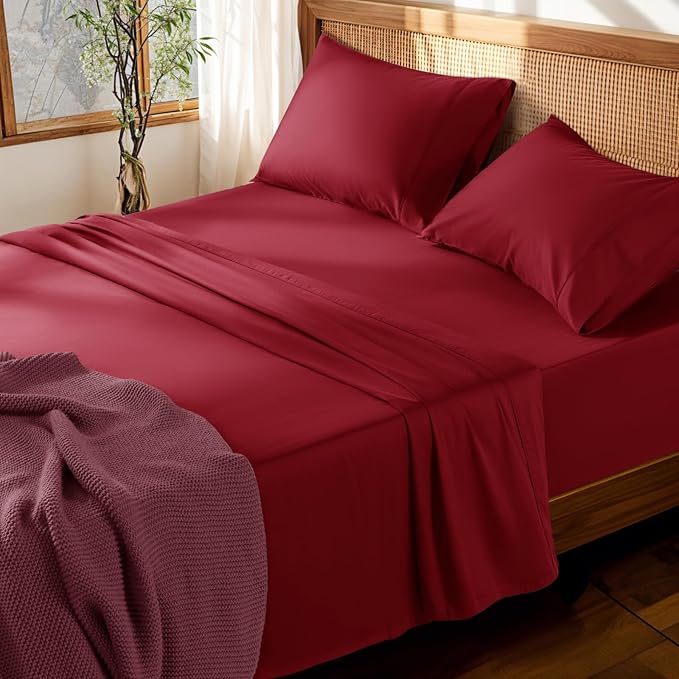 LBRO2M 100% Cotton Sheets Set Deep Pocket 19", 1000 Thread Count California King Size 4 Piece Bed Sheet Sets Soft Comfortable Bedding All Season (California King, Burgundy)