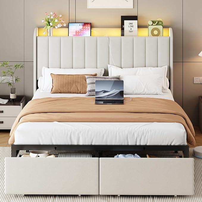 Queen Size Bed Frames with Storage Headboard and 2 Drawers, Upholstered Platform Bed Frame Queen with Led Lights and Handy Charging Station, No Box Spring Needed, Easy Assembly, Noise Free, Beige
