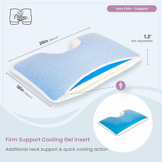 Wife Pillow - Insert Topper Only, Firm Cooling Gel / 80D Memory Foam Topper for Pillow That Stays Cold. Thin for Stomach Sleeper. Ergonomic, Neck U Shaped Cutout. Firm High-Density Layer Support