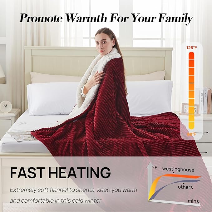 Westinghouse Full Size Heated Blanket, Soft Flannel to Sherpa Reversible, Electric Blanket Full with 10 Heating Settings & 1-12 Hours Auto Shut Off, Machine Washable, (72" x 84", Red)