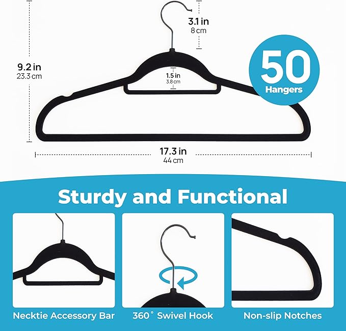 Fontaines Luxury Black Velvet Felt Non Slip Clothes Hangers 50 Pack - Ultra Slim & Space Saving - Heavy Duty Swivel Hook for Clothing, Suit, Top, Tie, Shirt, Skirt & Pant Organization