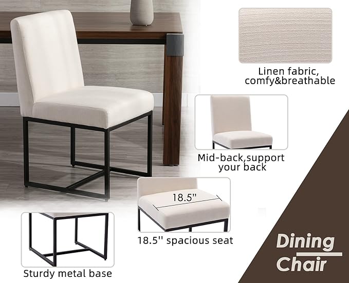 CIMOTA Modern Linen Dining Chair Set of 2, Mid Century Dining Room Chairs Fabric Upholstered Armless Side Chair with Black Sled Base for Dining Room, White Cream 2PCS