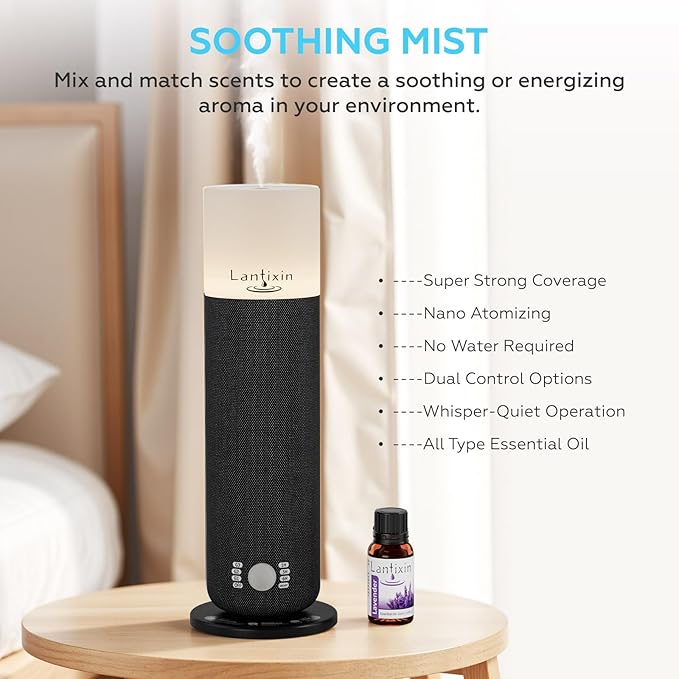 Lantixin Waterless Essential Oil Diffuser Nano Atomization Technology for Large Home-Adjustable and Long Lasting air Diffuser for Hotel Office Bedroom Large Home (Black)
