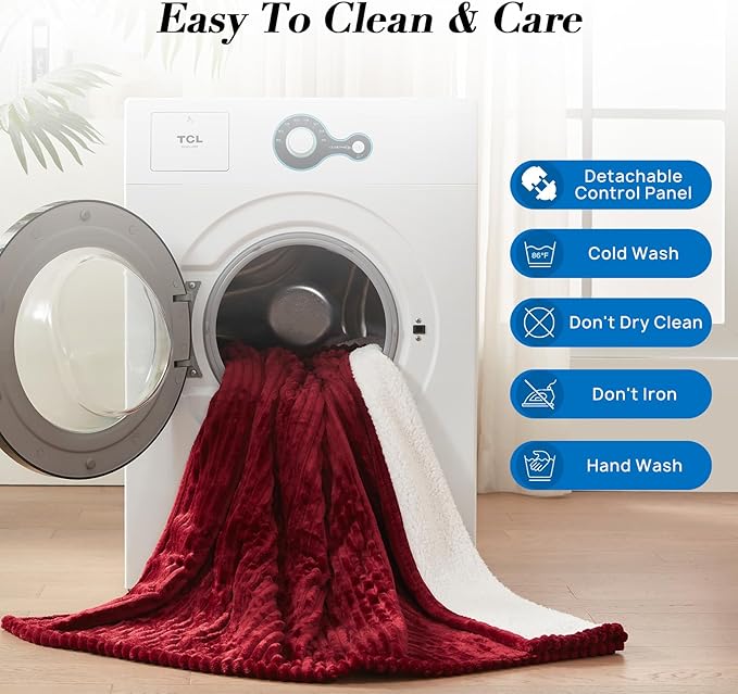 Westinghouse Queen Size Electric Blanket, Flannel to Sherpa Reversible, Heated Blanket Queen with Dual Control 10 Heating Settings & 1-12 Hours Auto Shut Off, Machine Washable, (84" x 90", Red)