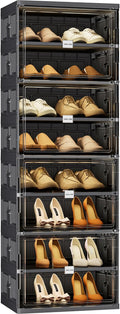 JEKO&JEKO 8-Tier Foldable Shoe Storage Cabinet with Magnetic Doors, Large Stackable Shoe Organizer Cabinet for Entryway (Black)