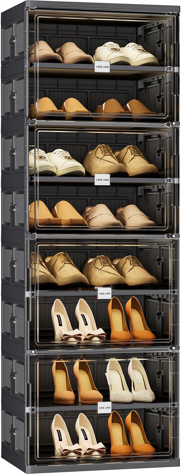 JEKO&JEKO 8-Tier Foldable Shoe Storage Cabinet with Magnetic Doors, Large Stackable Shoe Organizer Cabinet for Entryway (Black)