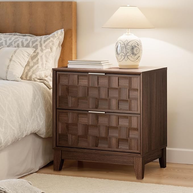 COLAMY Nightstand with Charging Station, 22" Modern Bed Side Table with 2 Storage Drawers and Chessboard Relieffor Bedroom, Dorm and Small Spaces - Walnut