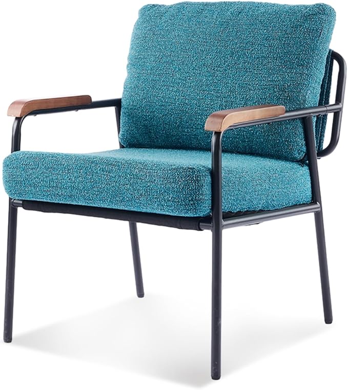 VINGLI Mid-Century Modern Accent Armchiar for Small Space, Small Comfy Upholstered Leisure Reading Chair with Wood Armrest for Bedroom, Living Room, Waiting Room, Linen Teal