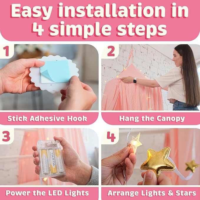 Bollepo Bed Canopy with Lights - Pink Princess Canopy for Girls Room | Single, Twin, Full, Queen | Kids Bed, Hanging Fairy Led Canopy