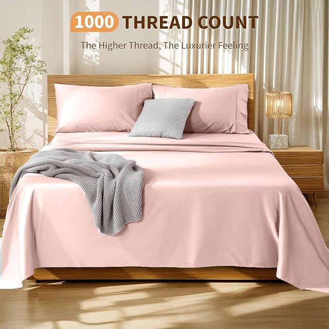 LBRO2M 100% Cotton Sheets Set Deep Pocket 19", 1000 Thread Count Full Size 4 Piece Bed Sheet Sets Soft Comfortable Bedding All Season (Full, Pink)