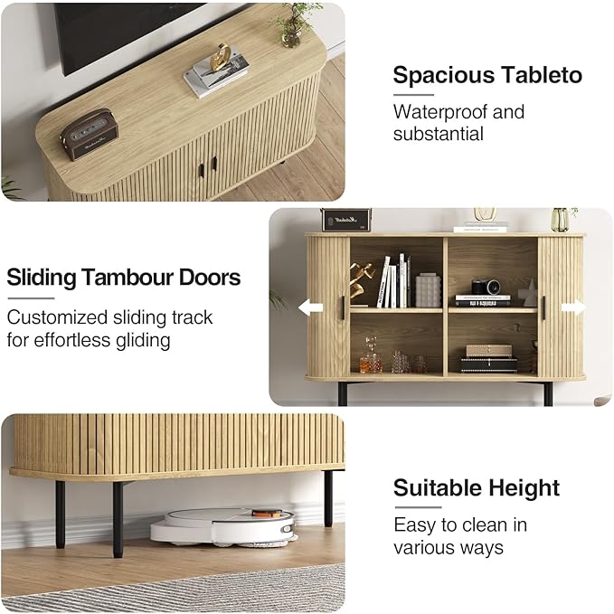 47''W x 32''H Buffet Sideboard Cabinet with Storage,Natural Fluted Storage Accent Cabinet with Curvy Edge; Sliding Door, Credenza, Console Table for Living, Dining Room, Kitchen, Hallway