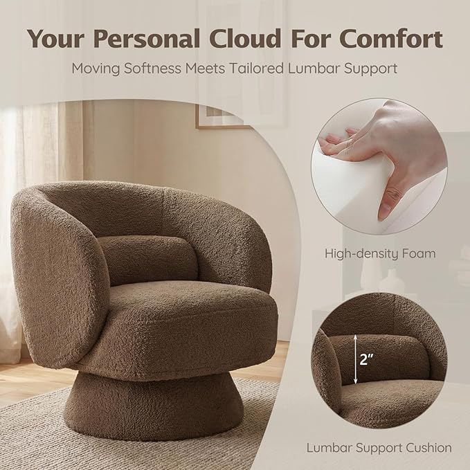Swivel Accent Chair, Modern 360 Degree Swivel Barrel Chair with Arms & Curved Back and Lumbar Support Cushion, Comfy Round Single Boucle Sofa for Small Space, Living Room, Bedroom, Brown