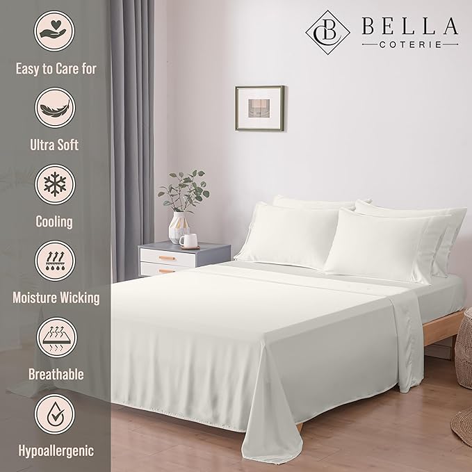 Bella Coterie 7 Piece Luxury Bamboo Viscose Split King Size Sheet Set | 2 Fitted Sheets for Adjustable Beds | 100% Organically Grown | Cooling for Hot Sleepers | 4 Pillowcases [Ivory]