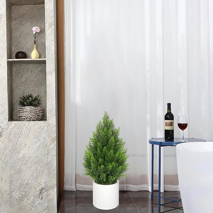Briful 27” Artificial Cedar Topiary Tree in White Planter, 2PCS – Realistic Faux Evergreen Floor Plant with Layered Leaves, Decorative Indoor Outdoor Potted Shrub for Home, Office, Patio, Porch